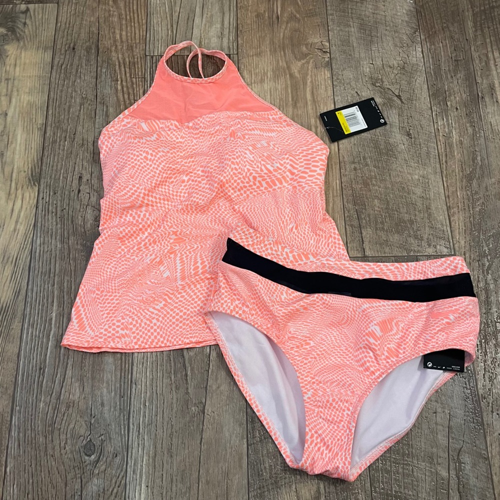 Nike Womens Tankini Swimsuit Set Pink Snakeskin Print High Neck Mesh NESS8248 M